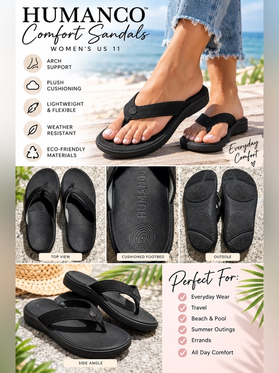 humanco Shoes - Humanco Black Comfort Sandals US 11 Arch Support PLUSFoam